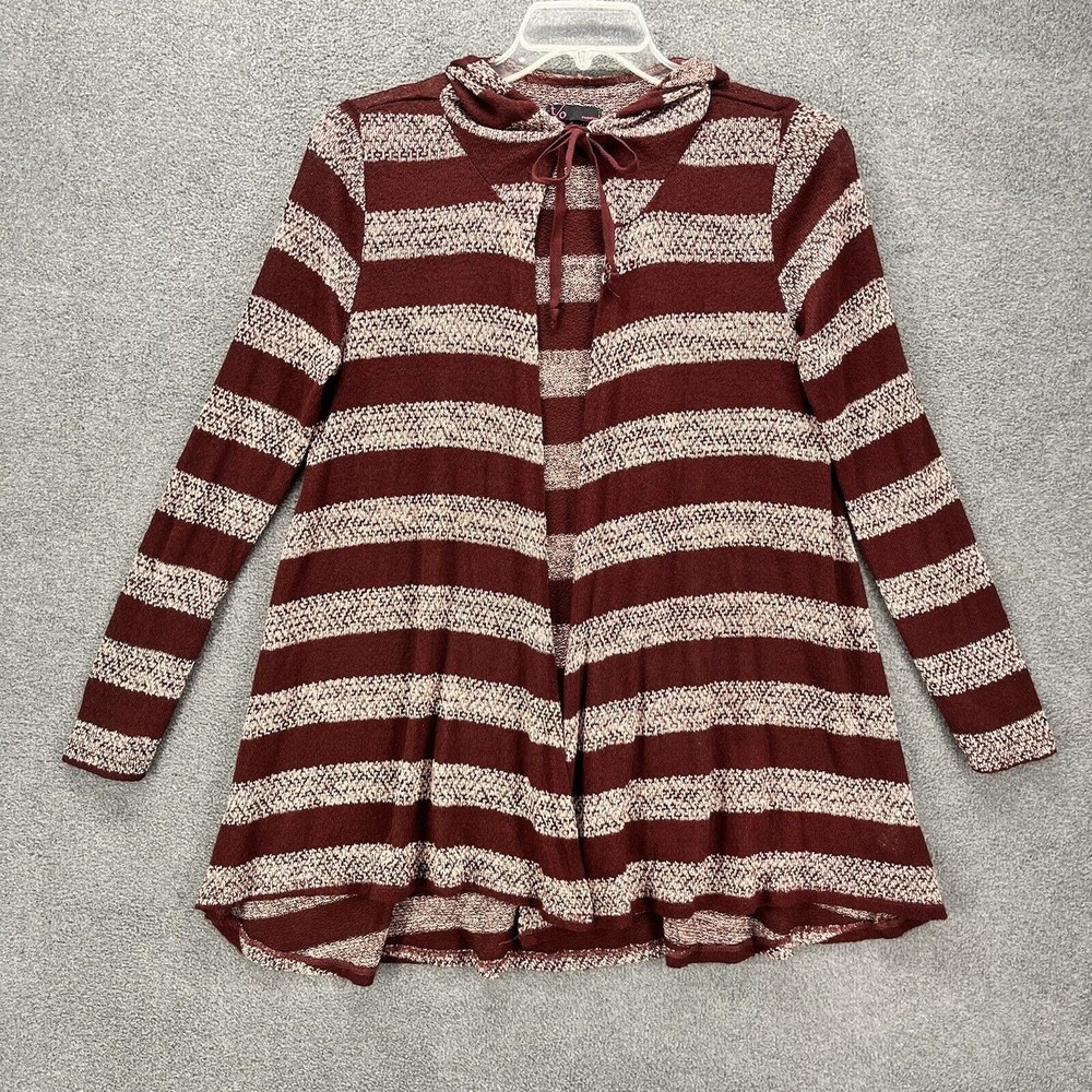 T/O Sweaters Cardigan Womens Size M red wine Stripe Long‎ Sleeve Hooded Stretch
